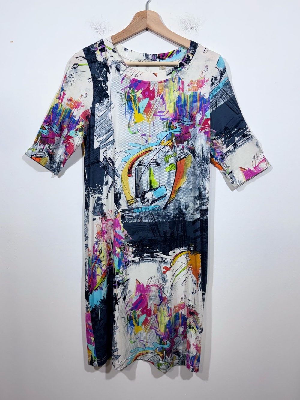 Sno Skins Multicolor Graffiti Print Shirt Dress Womens Medium Art to Wear